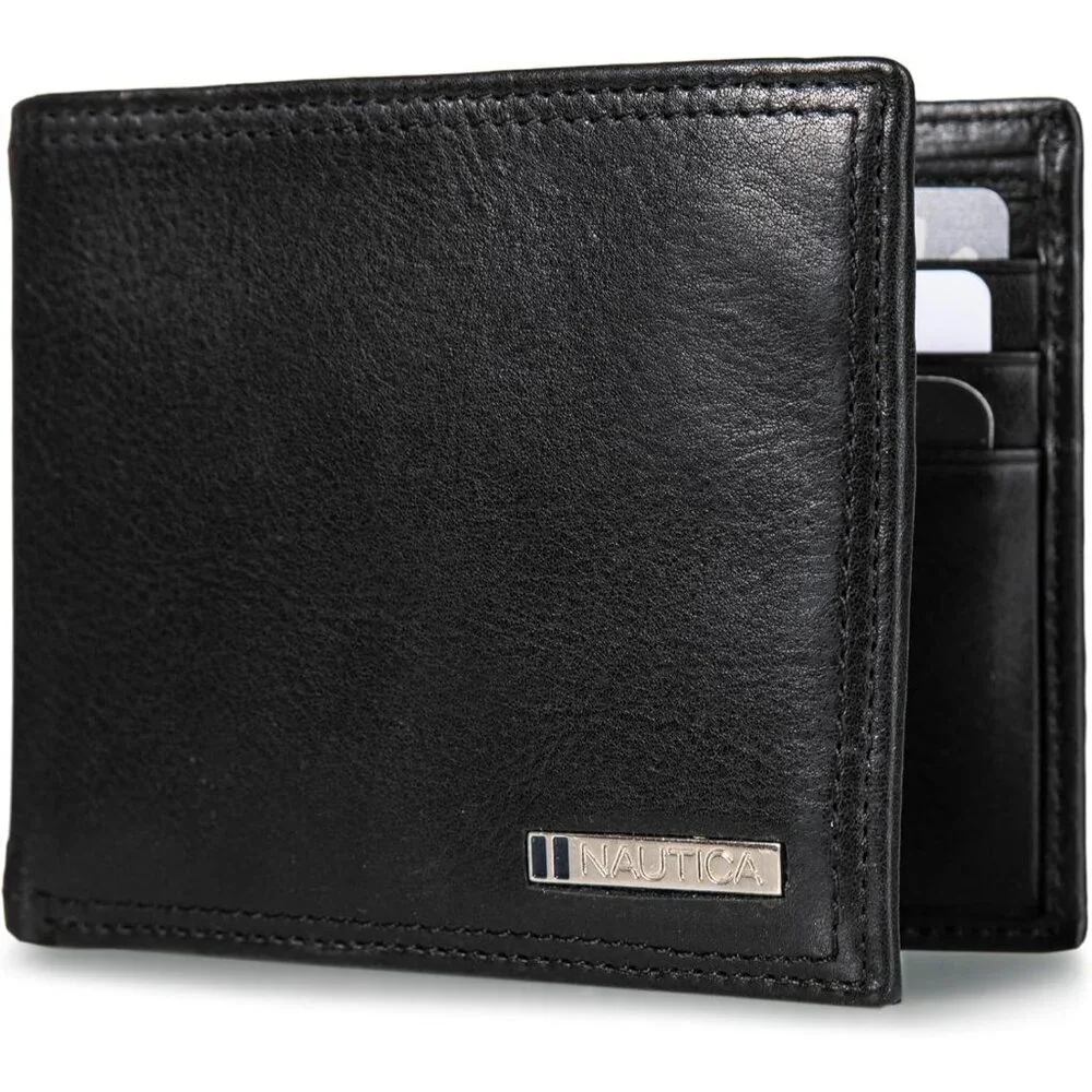 Men's Logo - Black Bifold Leather Wallet RFID Blocking ID Window Card Slots